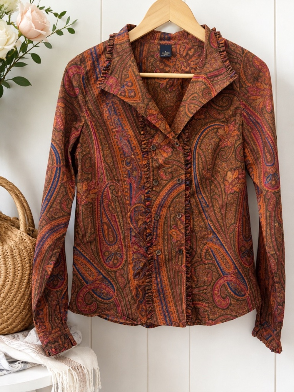 Brooks Brothers Women’s Size 4 100% Cotton Paisley Ruffle Button Front Blouse